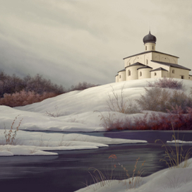 Церковь на берегу реки, освещенная закатным солнцем