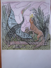 Иллюстрация к басне Крылова "Лиса и журавль"