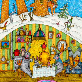 Новогодняя иллюстрация чаепитие