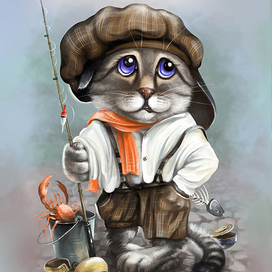 Кот рыбак и его улов.