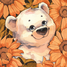 Белый мишка в подсолнухах