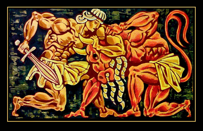 "Тесей и Минотавр" бумага, акрил, 68х39 см, 2016г.  Серия "Мифы и легенды древней Греции".
