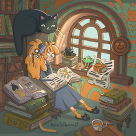 Рыжая ведьмочка с котом в библиотеке.