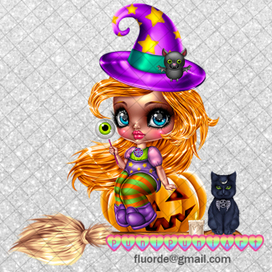 Ведьмочка сидит на тыкве с чёрной кошечкой и метлой