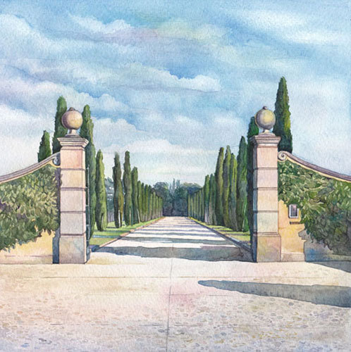 Вилла Il Borro. Тоскана. Иллюстрация для свадебного приглашения.