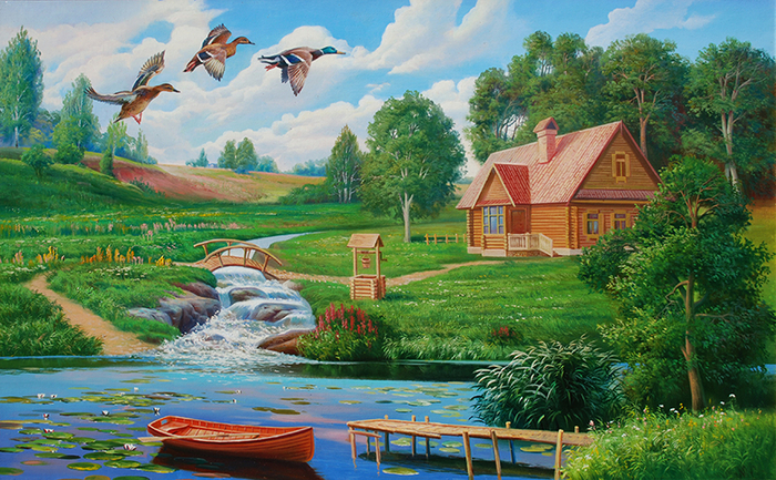 Пейзаж с утками и лодкой