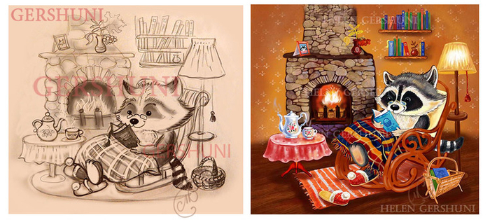 Дядюшка Енот с книгой у камина..