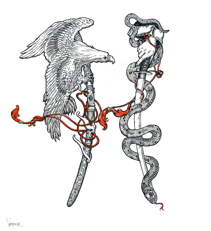 Эскиз татуировки с катанами