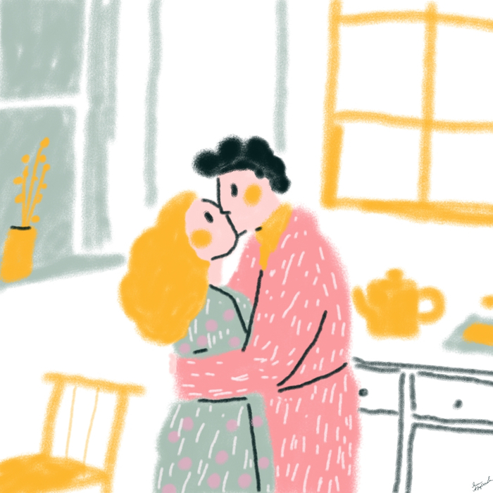 Утренний поцелуй, пока варится кофе