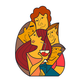 Beautiful woman surrounded by old and young admirers