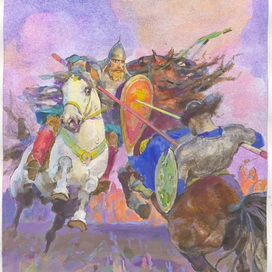 Иллюстрация  "Бой Пересвета с Челубеем" из книги"Рассказы по истории России"