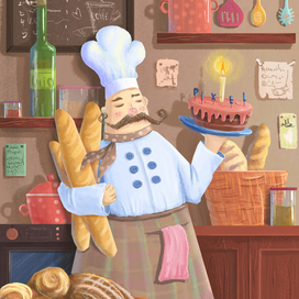 Шеф повар  с тортиком.Книжная иллюстрация. 