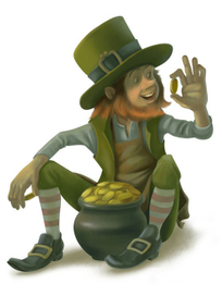 Леприкон любуется золотой монетой.