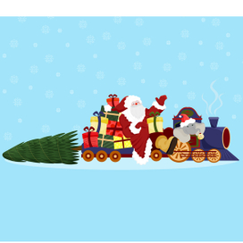 Дед Мороз (Санта Клаус) везет подарки детям к Новому году и Рождеству на волшебном поезде