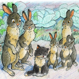 Зайцы, посмотрите, какого зверушку мой сын в лесу нашёл!