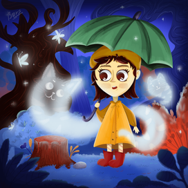 Иллюстрация девочка в таинственном лесу