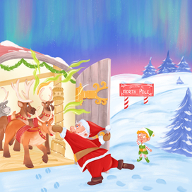 Santa and reindeers on the North Pole