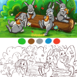 Четыре зайца на лугу 