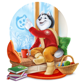 Хаски рисует на стекле