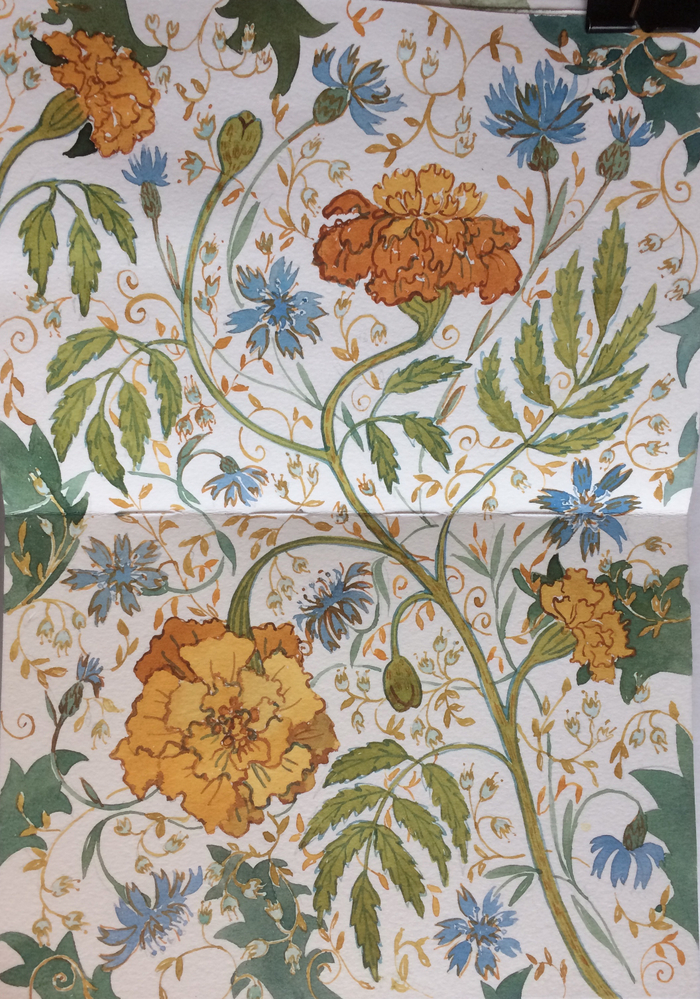 Принт бархатцы и васильки 