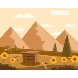 Векторная иллюстрация горного пейзажа с пасекой