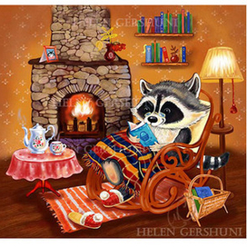 Дядюшка Енот с книгой у камина..