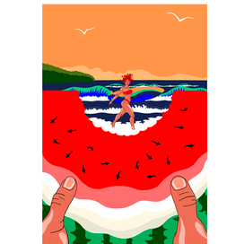 Арбуз и сёрфинг. Постер. Векторная графика. Работа сделана в Adobe Photoshop.