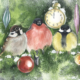 Воробушек, снегирь и синичка