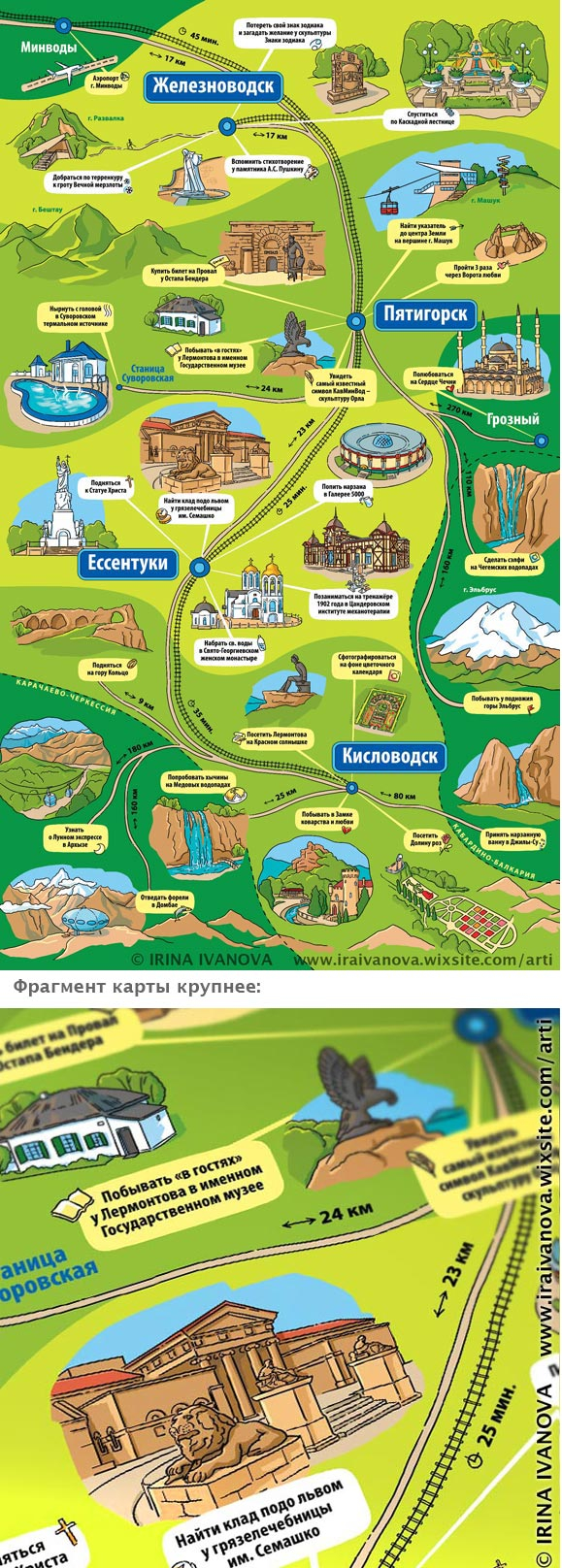 Рисованная туристическая карта региона Кавказских Минеральных Вод