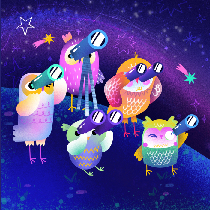 Пятеро совят на звездное небо глядят. Иллюстрация для конкурса от издательства Лимонад.