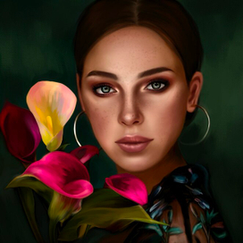 Портрет с цветами в стиле масло