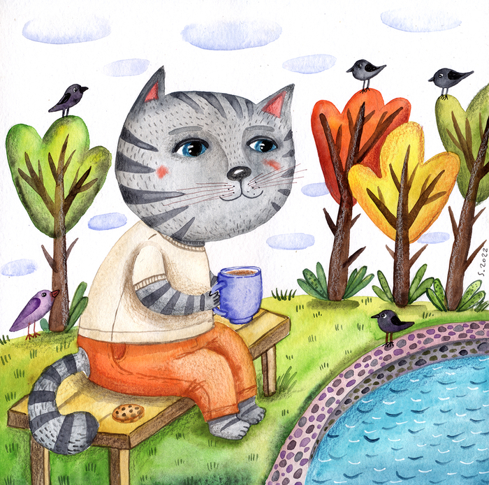 Пухлый кот у водоема