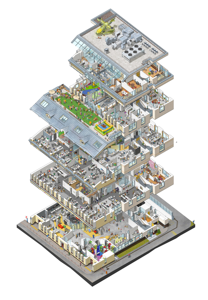 Иллюстрированная изометрическая схема офиса «Инновы»