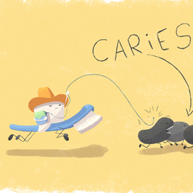 Зуб-ковбой прогоняет зубной нитью кариес