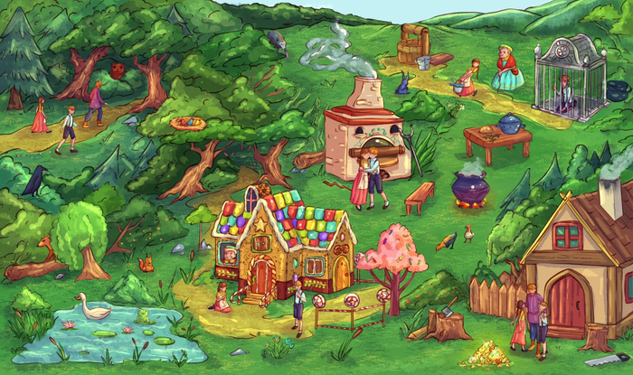 Разворот из книги "Попробуй-ка найти. Сказки братьев Гримм"