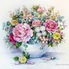 Букет в белом вазоне с розой и хлопком 