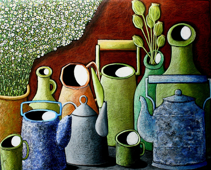 Кувшины , чайники ,ромашки.