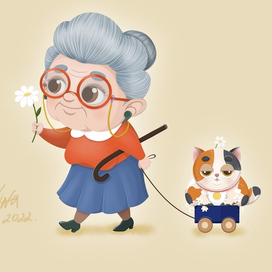 Милая бабуся и котей 