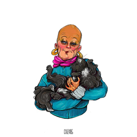 Лысая бабушка с кошкой