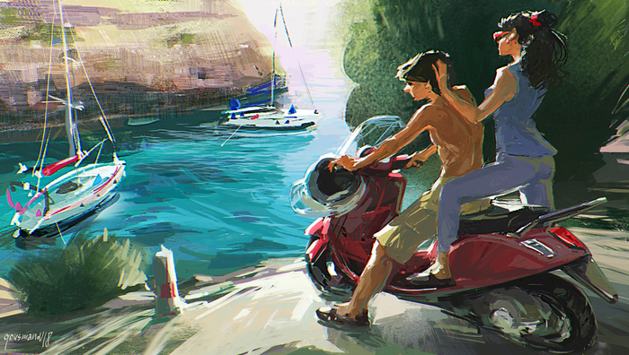 мальчик, веспа, лето, яхта...