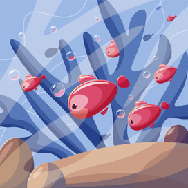 A small school of pink fish swims in the ocean. Vector illustration.