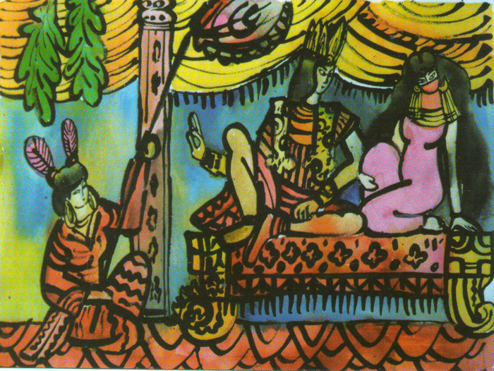 Во дворце.    Иллюстрация к сказке.Часть большой серии иллюстраций. Художник:Марат Брызгалов. Техника:Бумага,акварель, тушь.  Формат оригинала А-3.Иллюстрация была показана вместе с тремя иллюстрациями из этой серии на всероссийской выставке"Молодые художники России" в московском Центральном доме художника( Ц Д Х ), в феврале 2007 года.