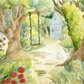 Пейзаж с качелями и кроликом