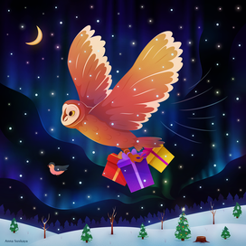 An owl and a bird are delivering Christmas gifts to forest dwellers