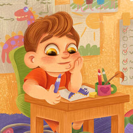 Книжная иллюстрация о мальчике и динозавре