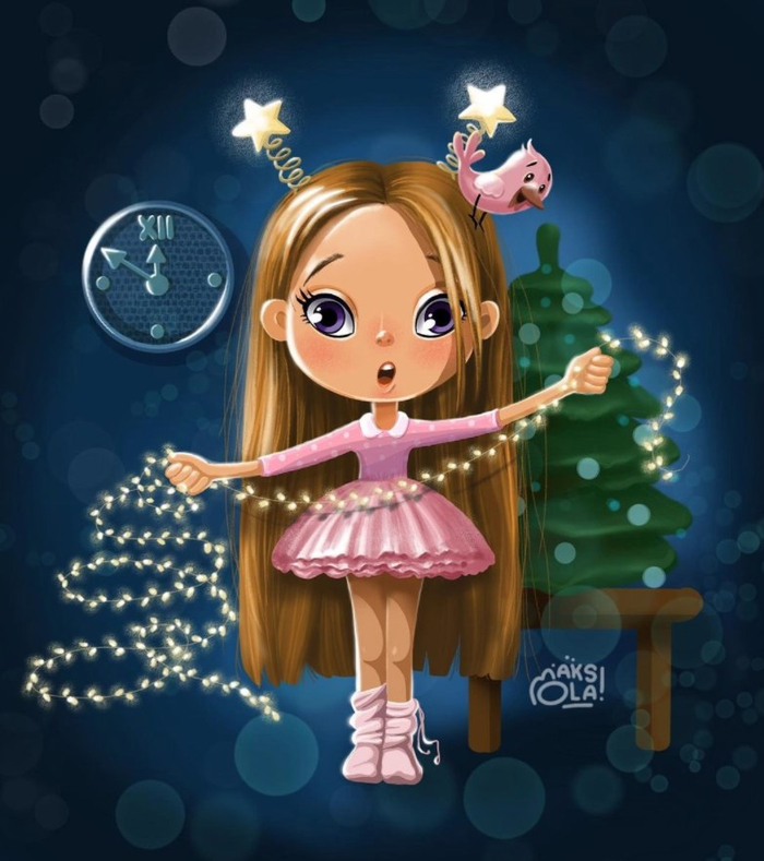 Маленькая девочка и ее птичка готовятся к новому году. (A little girl is waiting for the new year)