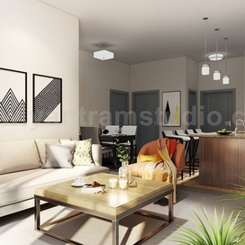 Современная кухня Гостиная Комбинированная и декоративная ванная комната 3D Идеи моделирования интерьера от архитектурной студии визуализации
