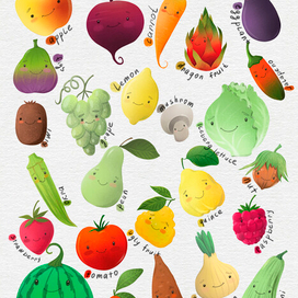 Картинки для детей. Милые малыши овощи и фрукты.  Детская иллюстрация