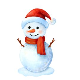 Счастливый снеговик в красной шапочке. Симпатичный персонаж на белом фоне. Цифровая акварель.