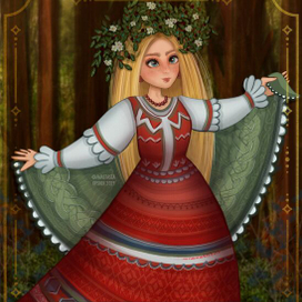 Дева которая плетет венки и носит узорчатый платок